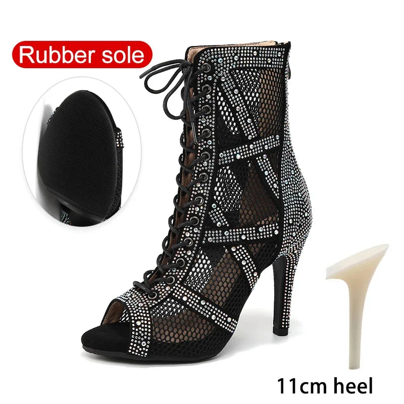 Women’s Rhinestone Latin Dance Boots - Shiny Jazz Dance Shoes with Slim High Heels
