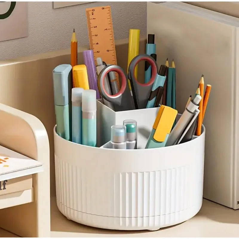 360° Rotating Makeup Organizer - 5 Compartment Plastic Cosmetic Holder for Brushes & Beauty Storage