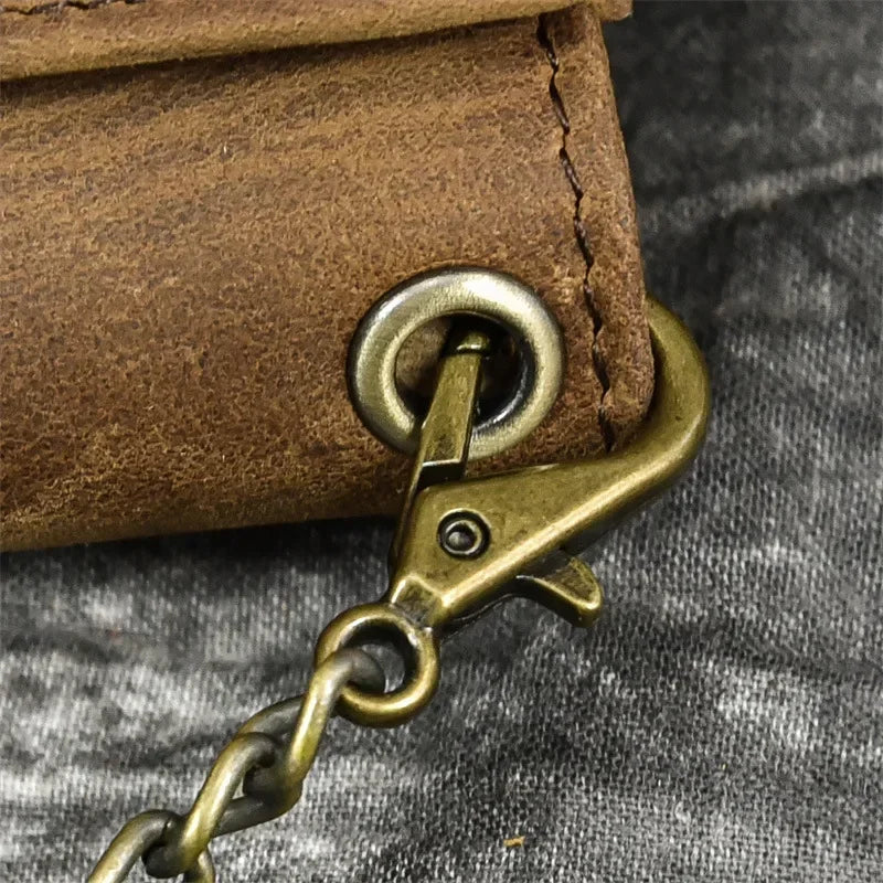 Men’s Genuine Leather Short Wallet with Chain – Trifold Zipper Clutch, Card Holder & Coin Purse