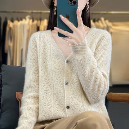 Women's 100% Wool Cashmere Cardigan – V-Neck, Super Soft, Loose Fit, Long Sleeve Knit Sweater