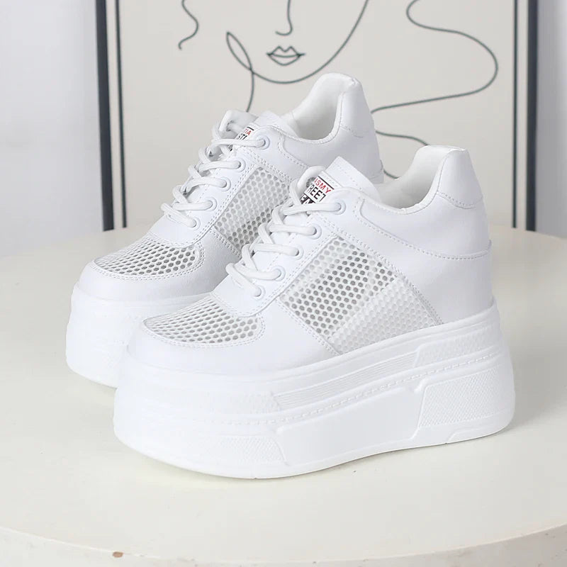 Women’s Genuine Leather Platform Sneakers – 12CM Wedge Casual Breathable Hidden Heel Zapatillas Mujer