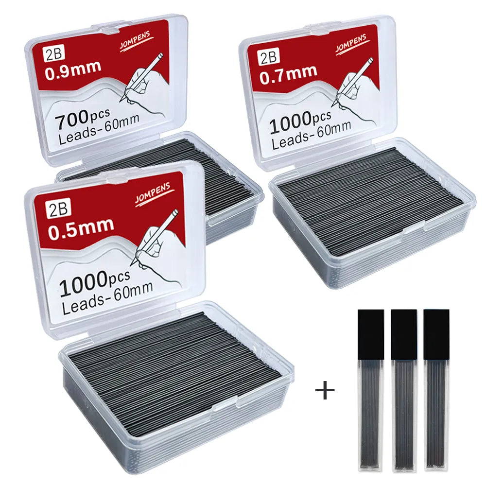 1000pcs Mechanical Pencil Lead Refills - 0.5 0.7 0.9mm 2B 60mm Art Drawing Automatic Pencil Replacement with 2 Tubes - Stationery