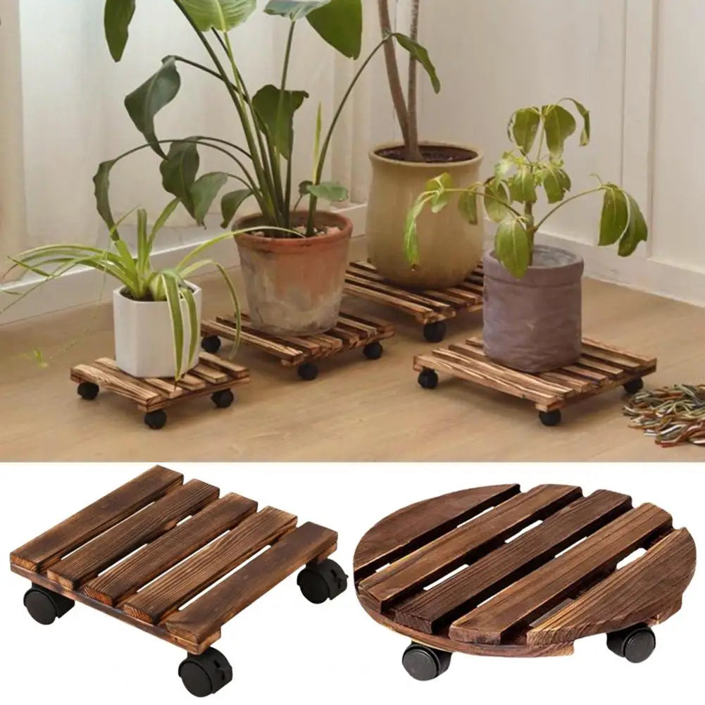 Wooden Rolling Plant Stand - Thick Flower Pot Holder with Universal Wheels for Bonsai & Indoor Garden Decor