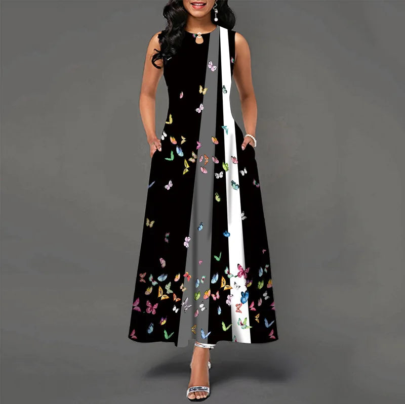 Women’s Loose Floral Vintage Maxi Dress – Ruffled Hole Summer Camis Big Size Elegant Party Dress