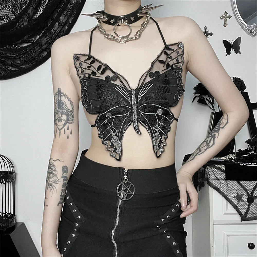 Women’s Butterfly Lace Camisole Crop Top – Spaghetti Strap Slim Fit See-Through Summer Bralette with Front Slit Low Cut Design