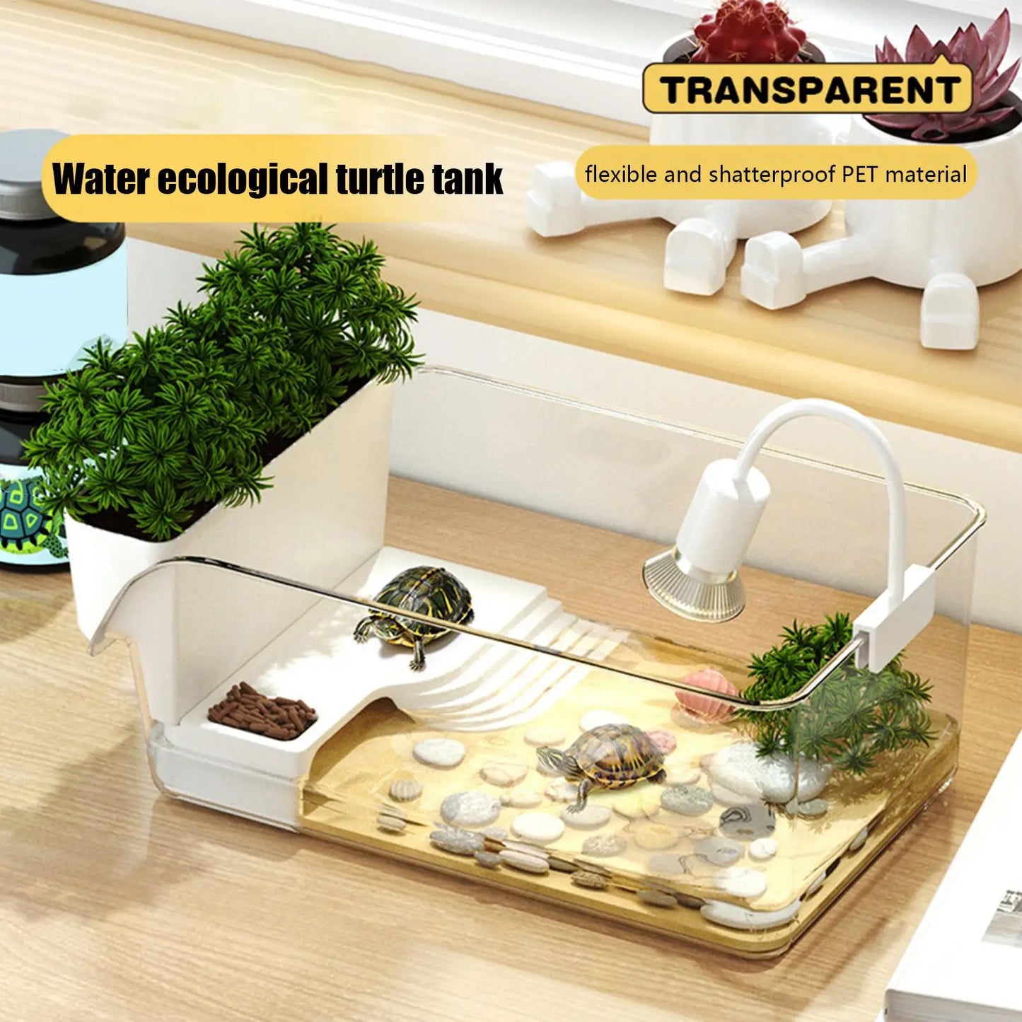 Transparent Turtle Tank Habitat - Reptile Terrarium with Basking Area for Turtles, Tortoises & Hermit Crabs