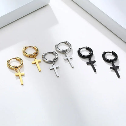 Stainless Steel Cross Charm Earrings - Men's Fashion Jewelry
