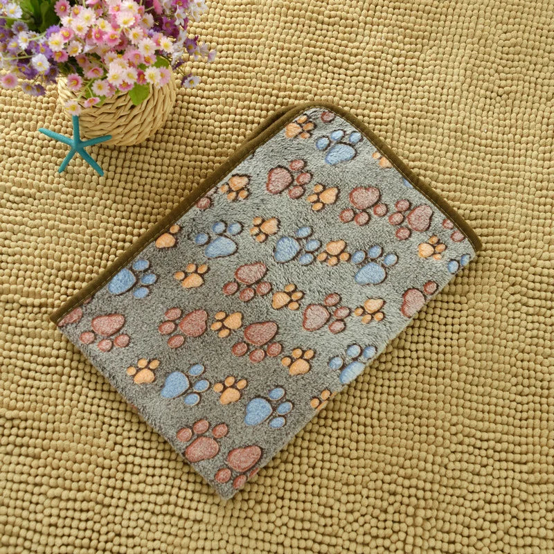 Flannel Pet Blanket - Cute Paw Print Mat for Warm Comfortable Dog & Cat Puppy Kitten Bedding