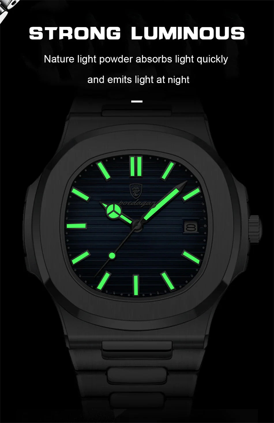 POEDAGAR Luxury Men's Watch – 30ATM Waterproof, Stainless Steel Square Quartz, Luminous Date, Business reloj hombre