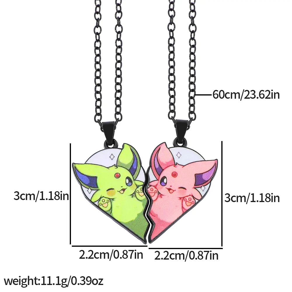 Eevee Pendant Necklace - 2-Piece Cute Cartoon Heart Patchwork Anime-Style Metal Jewelry Set