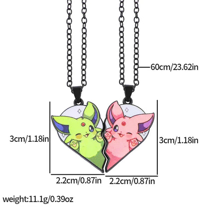 Eevee Pendant Necklace - 2-Piece Cute Cartoon Heart Patchwork Anime-Style Metal Jewelry Set