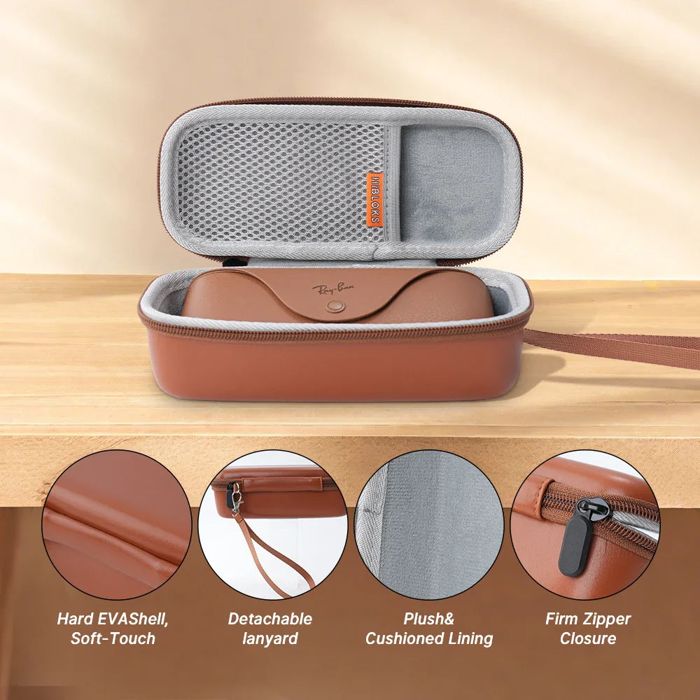 HIBLOKS Portable Glasses Bag — Anti-Fall Soft Case for Ray-Ban Meta Wayfarer RW4008/RW4006/RW4012 Skyler & Headliner (GEN1 & GEN2)