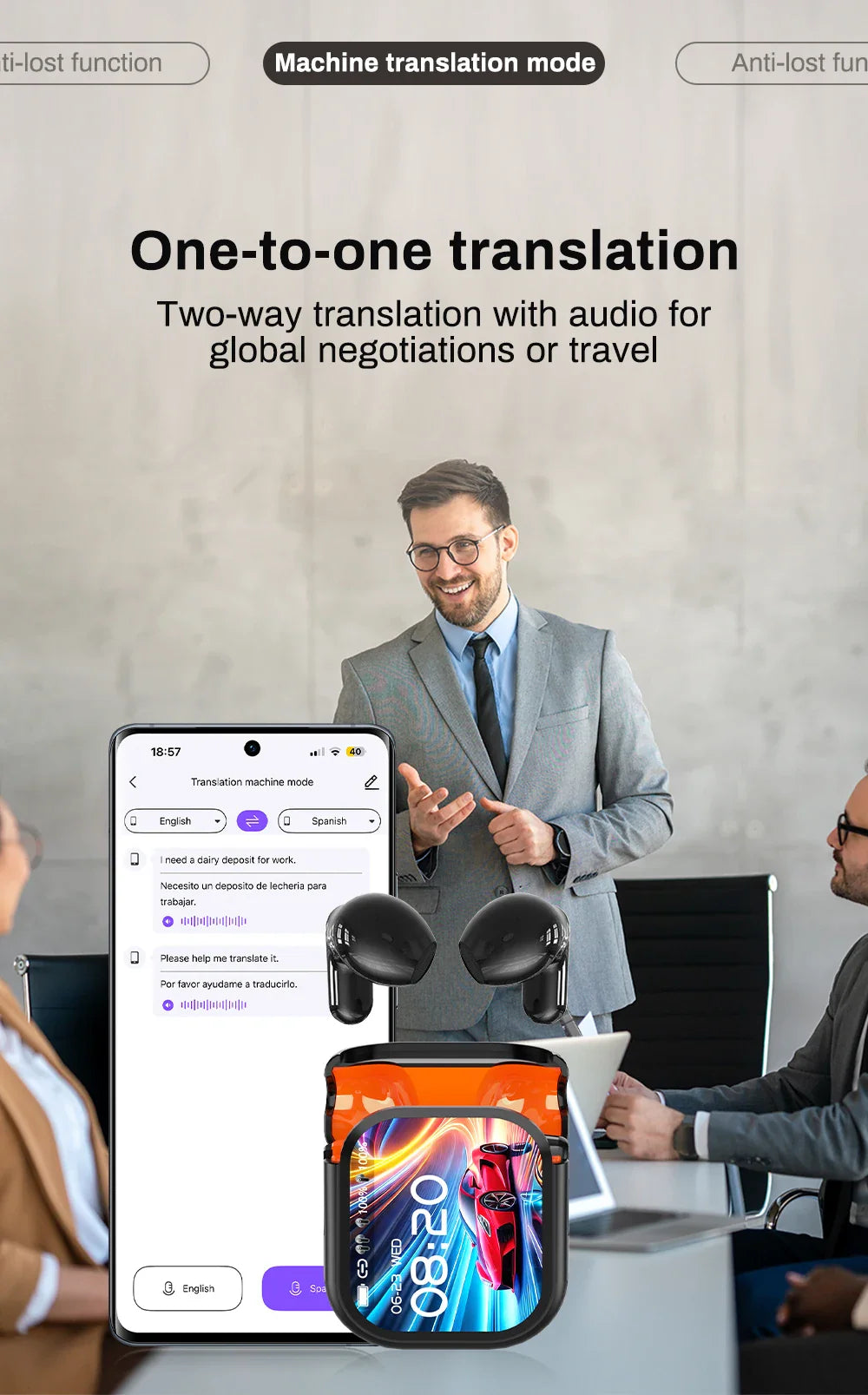 HTC NE20 Bluetooth 6.0 AI Translator Earbuds – Wireless Sport Headphones with LCD Touch & HD Stereo