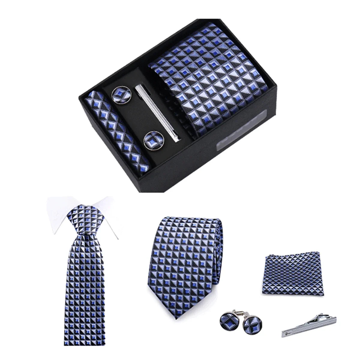 Men’s Green Business Tie Set - Premium Necktie with Hanky, Cufflinks & Tie Clip Gift Box for Wedding Formal Wear