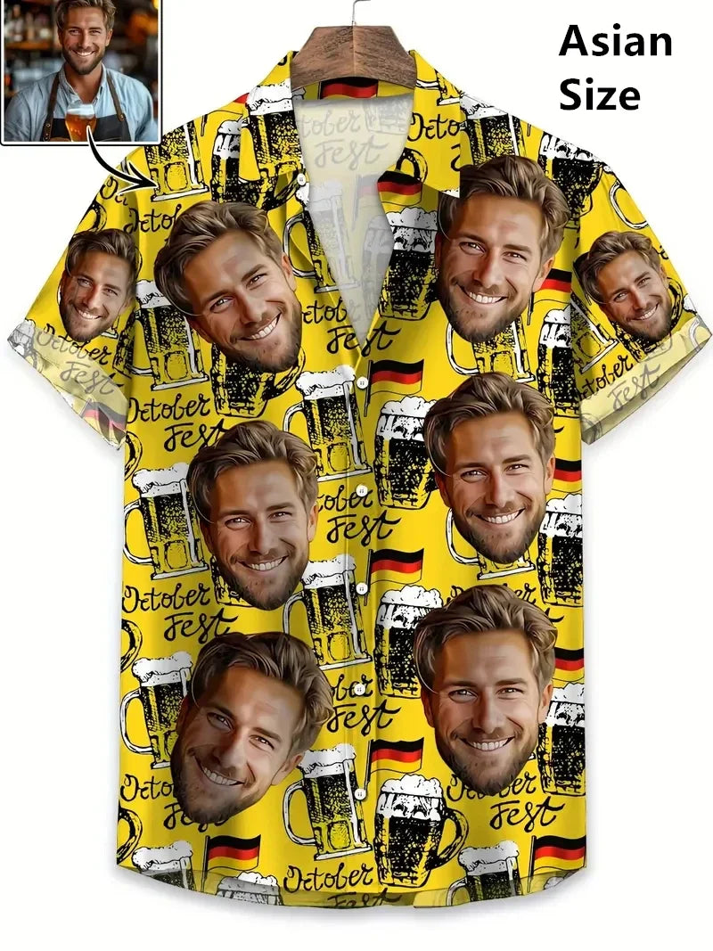 Men’s Custom Face Print Hawaiian Shirt - 3D Beer Design Vintage Y2K Short Sleeve Beach Top