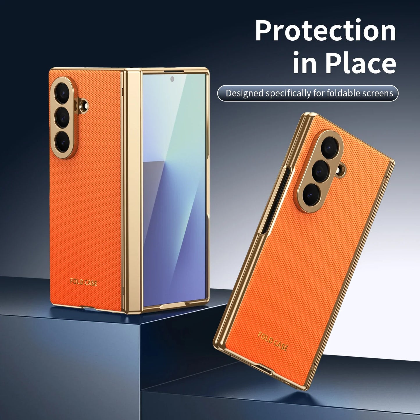 Samsung Galaxy Z Fold 4/5/6/7 Plaid Vegan Leather Case - Hinge Protection Cover with Clear Glass Protector