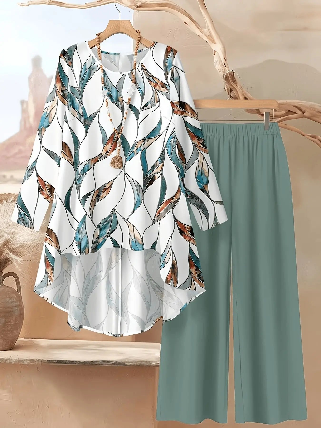 Plus Size 2 Piece Outfit Set - Floral Long Sleeve Blouse and Wide Leg Pants Casual Women's Suit