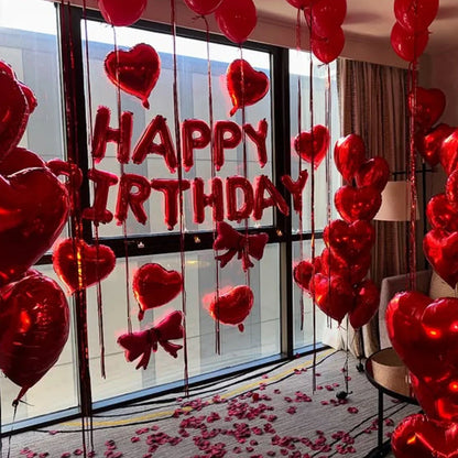 Red Birthday Balloon Set - Heart Foil Balloons with Bow & Simulated Rose Petals for Valentine’s Day Party Decor