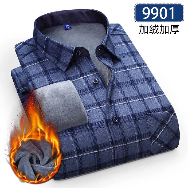 Men’s Fleece Plaid Shirt - Warm Thick Long Sleeve Business Check Shirt with Single Pocket for Autumn & Winter