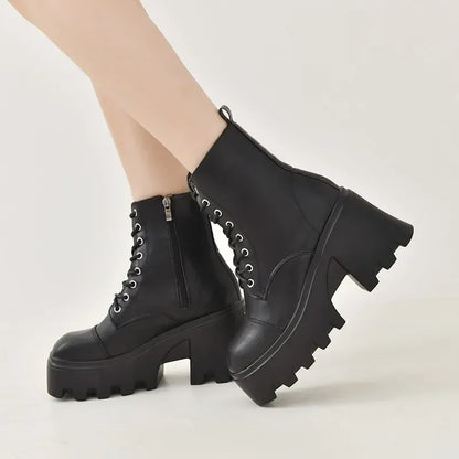 Women’s Plus Size Winter Ankle Boots - Platform Square Heel Lace-Up Shoes with Side Zipper