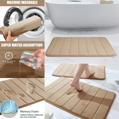 Non-Slip Grey Memory Foam Bath Mat Set – Soft, Water Absorbent, Quick-Drying, Machine Washable Bathroom Rugs for Home Floor