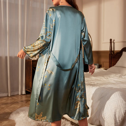 Cherry Print Satin Robe - Elegant Belted Women’s Loungewear Sleepwear for All Seasons