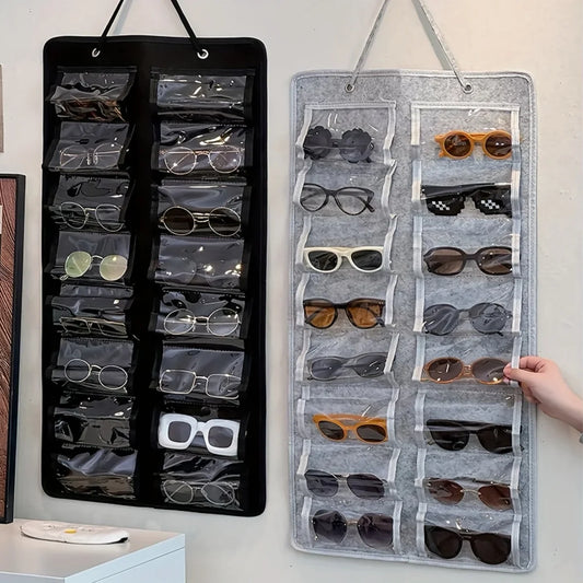 16 Slot Eyeglass Organizer - Felt Wall Mounted Sunglasses Holder with Dustproof Pocket Storage Display Bag