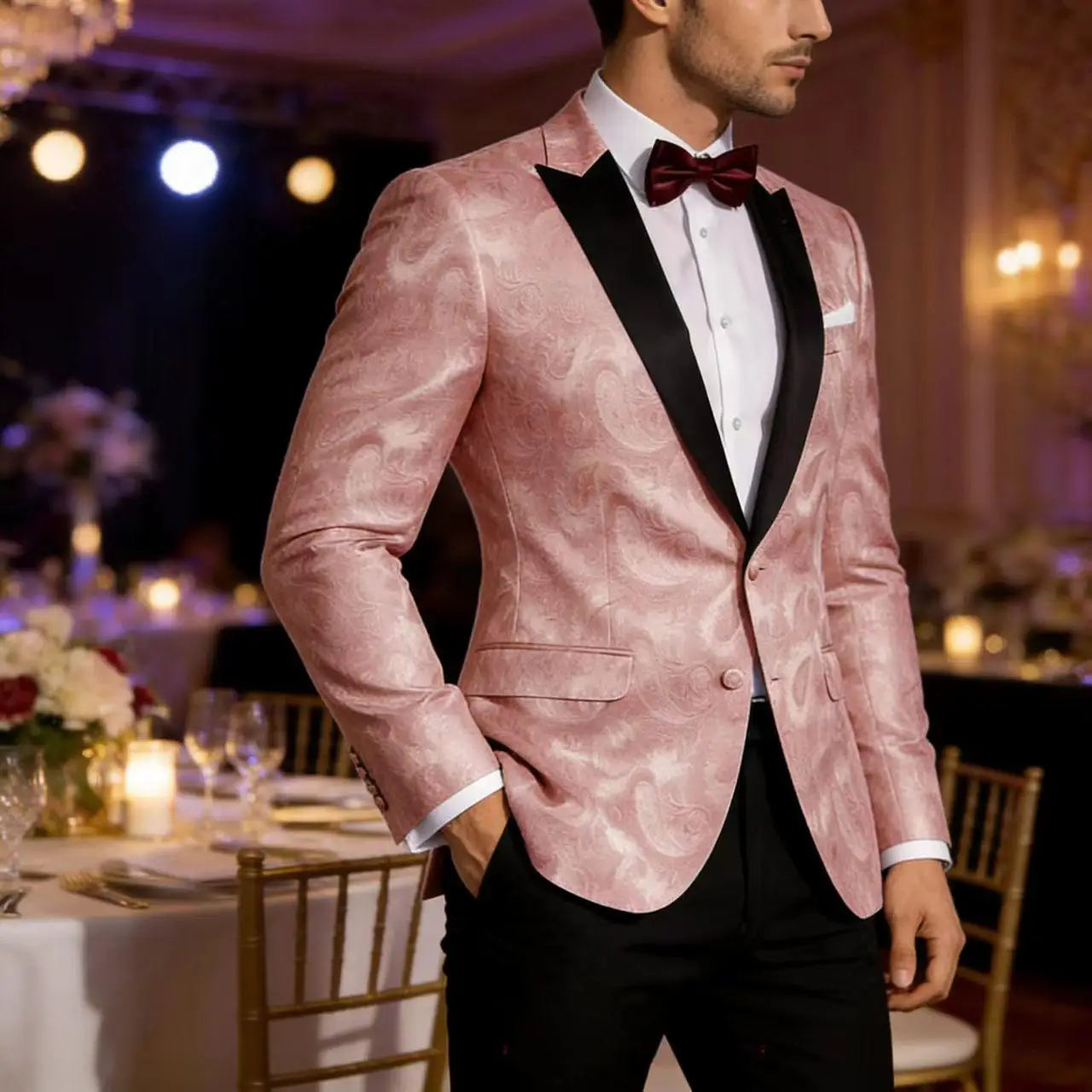Men’s Pink Paisley Tuxedo Blazer - Black Satin Lapel 2 Button Formal Suit Jacket for Wedding, Prom & Party Wear