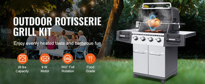 SucceBuy Universal Grill Rotisserie Kit – 9W Motor Stainless Steel Electric BBQ Automatic Grilling Set