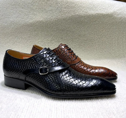 Men’s Handmade Italian-Style Leather Dress Shoes - Pointed Toe Python Pattern Wedding & Business Oxford Shoes