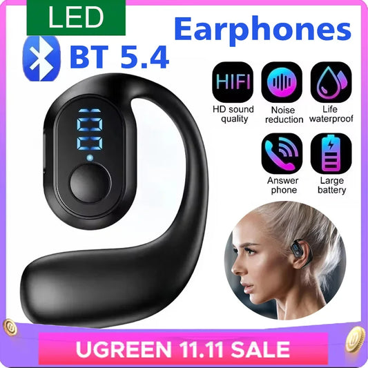 Bluetooth 5.4 Wireless Ear Hook Headphones - LED HiFi Stereo Earbuds with Noise Reduction & Waterproof Design
