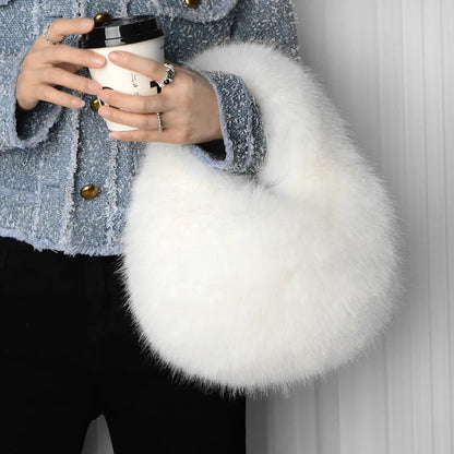 Plush Half Moon Bag - Soft Faux Fur Women's Handbag Winter Luxury Shoulder Purse