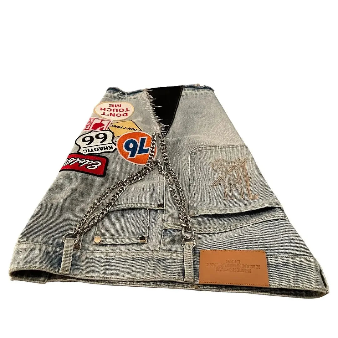Streetwear Retro Patchwork Denim Shorts – Y2K Hip Hop Cartoon Graphic Loose Fit Jeans for Men & Women