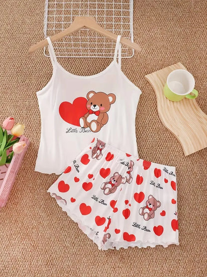 Cute Love Bear Pajama Set - Women's Heart Print Loungewear Top & Shorts Sleepwear