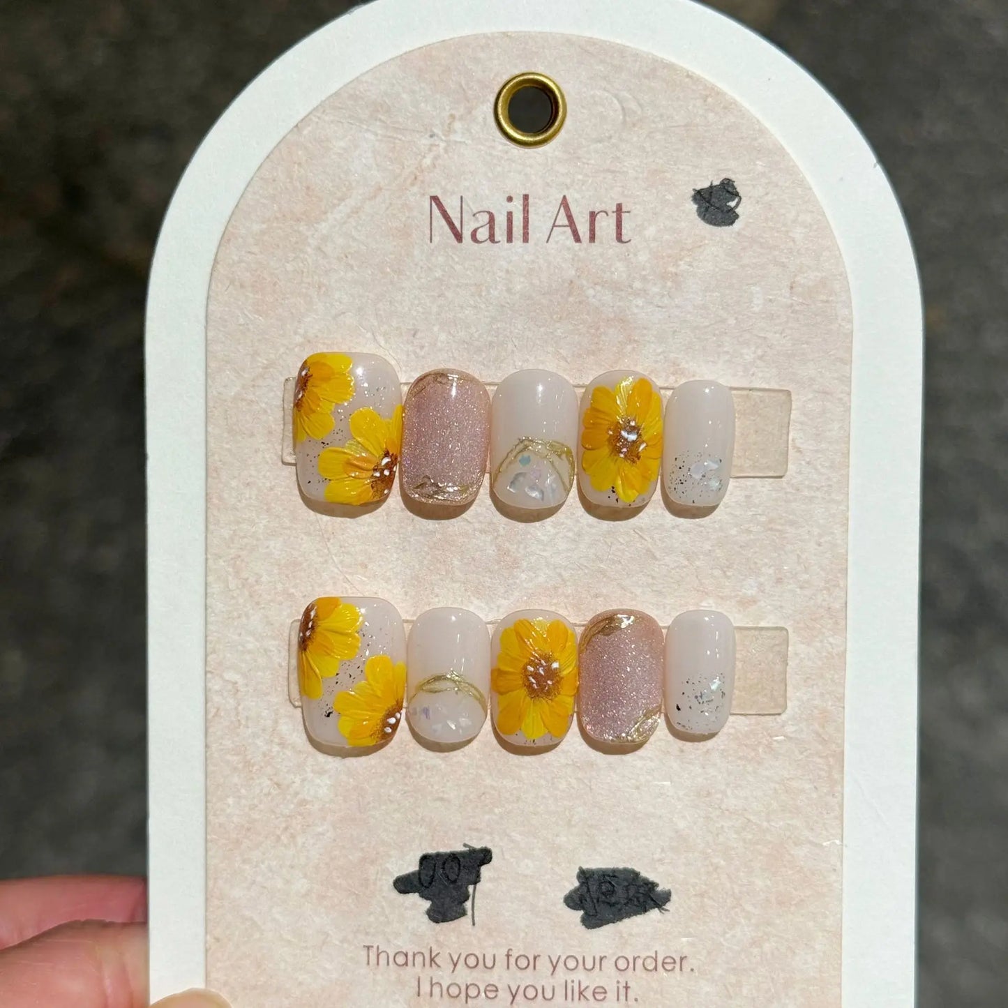 10Pcs Pink Handmade Press-On Nails – Short French Style with Flowers, Butterflies & Rhinestones, Full Cover Nail Tips