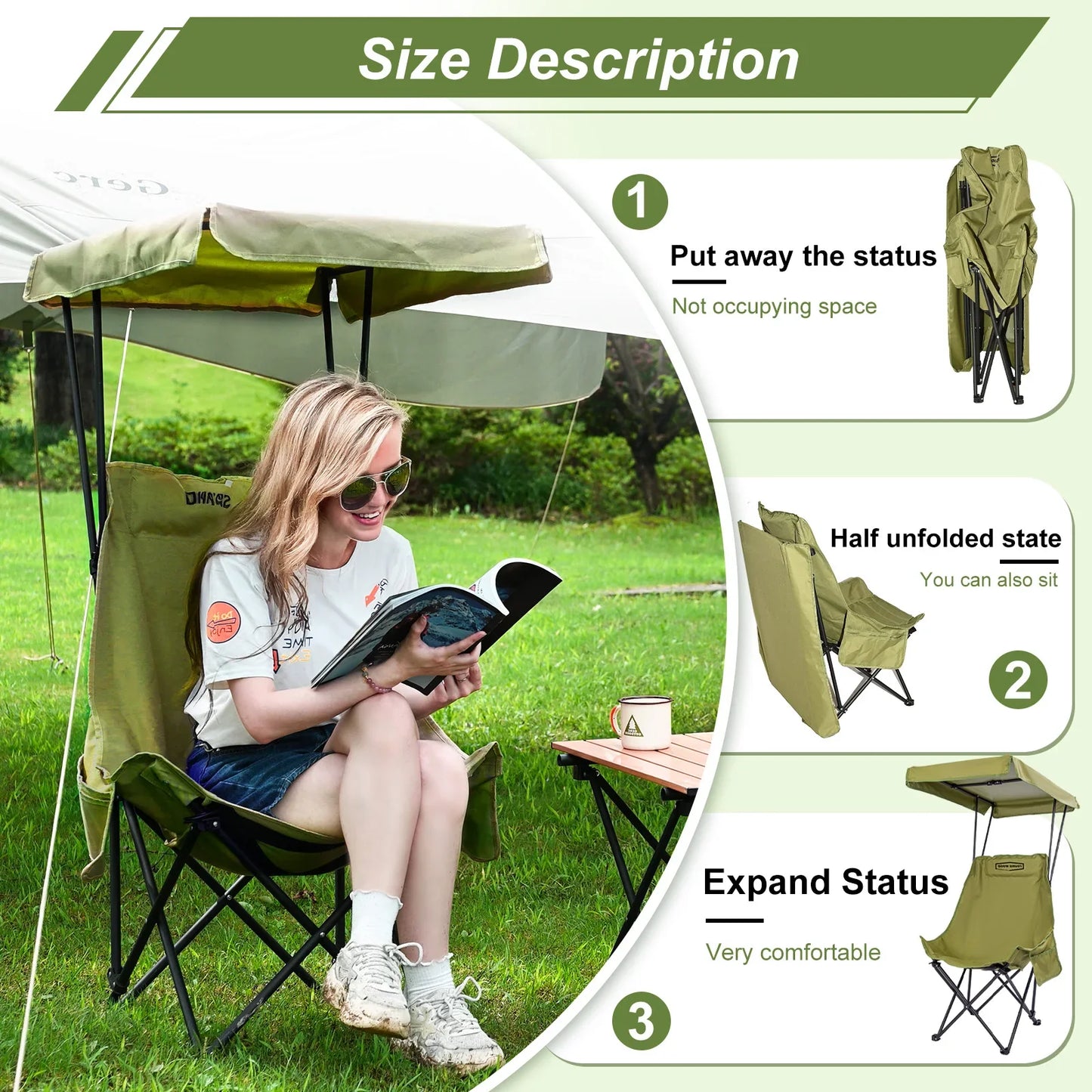 YOUNG WOOD Portable Camping Chair with Shade Canopy – Lightweight Foldable Oversized Beach & Outdoor Chair for Camping, Travel & Relaxation