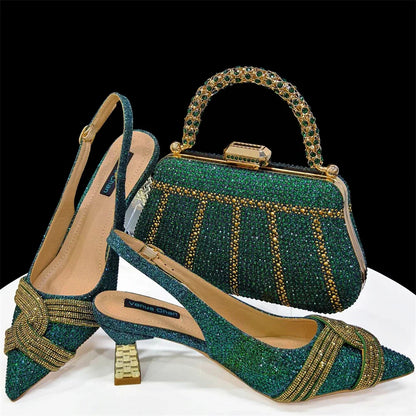 Venus Chan Women’s Champagne Shoe & Bag Set - Rhinestone Heels and Handbag for Nigerian Parties & Weddings