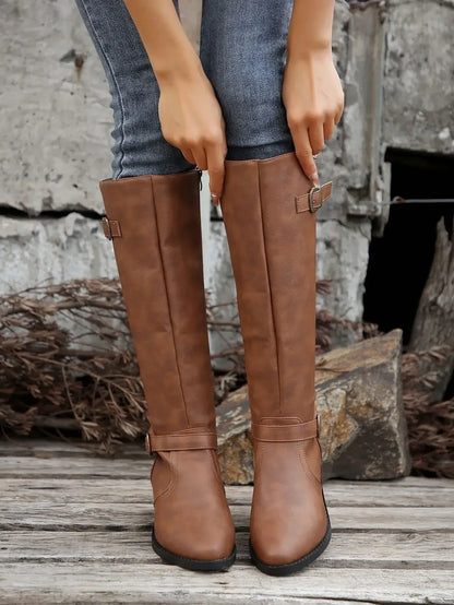 Women’s Winter High-Top Knight Boots – Side Zipper & Belt Buckle, Pointed Toe, PU Material with Cotton Lining