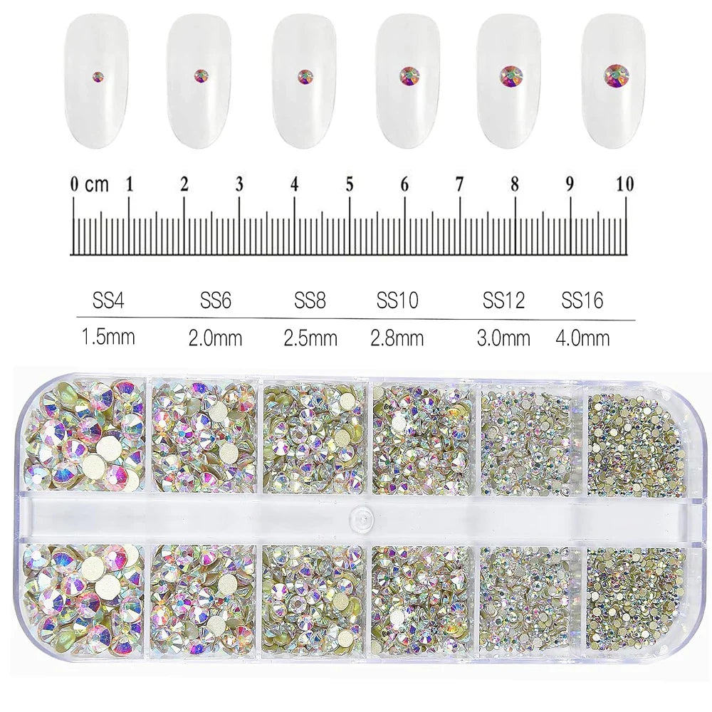 12-Grid Mixed Nail Rhinestones SS6-SS30 – Shiny Flat-Back Gems in Clear, Gold, Pink & Blue for Nail Art Decoration