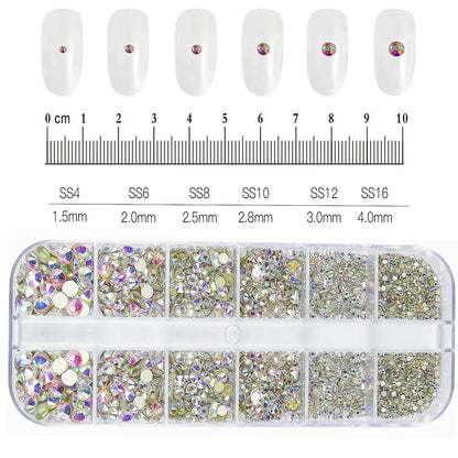 12-Grid Mixed Nail Rhinestones SS6-SS30 – Shiny Flat-Back Gems in Clear, Gold, Pink & Blue for Nail Art Decoration