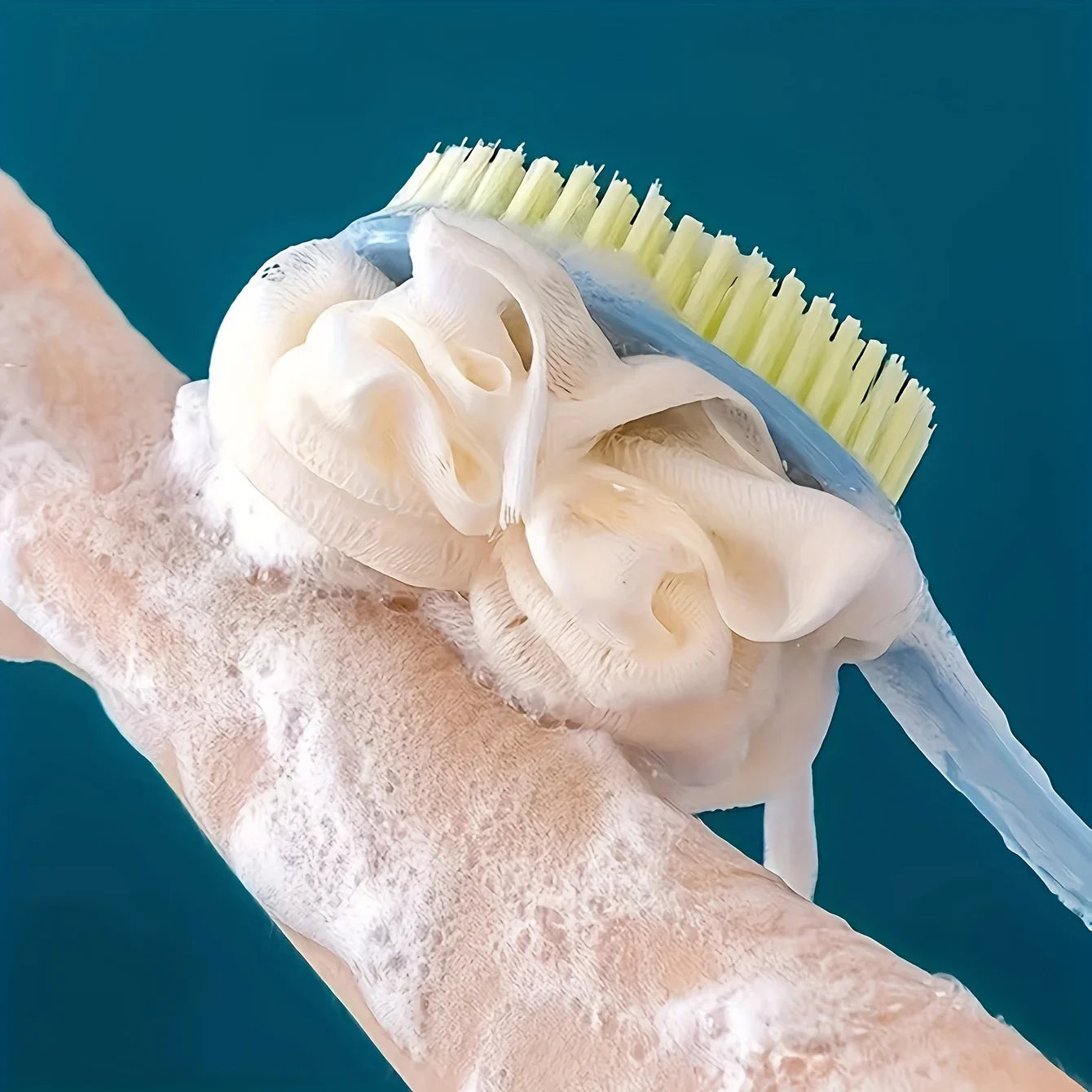 Soft Loofah & Bristle Bath Brush - Long Curved Handle Shower Scrubber for Body, Face & Spa Cleansing