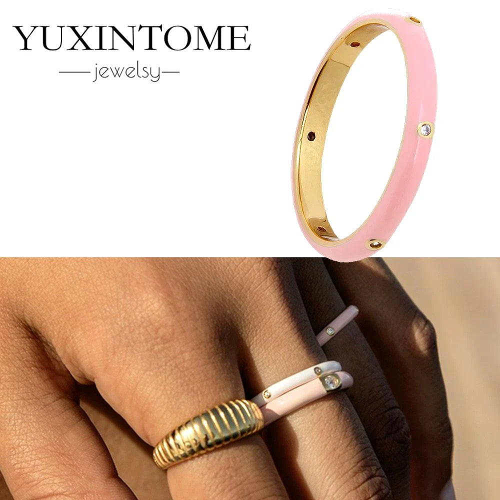 24K Gold-Plated & Silver Enamel Ring – Slim Round Women's Luxury Zircon CZ Ring in Green, Purple, Pink for Wedding & Anniversary