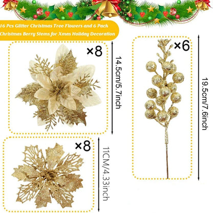 22PCS Christmas Decoration Set – Artificial Flowers & Berry Bouquet Ornaments for Tree, Home Decor, and Holiday Gifts