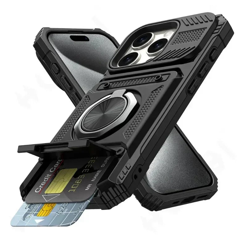Magnetic Ring Kickstand iPhone Case - Heavy Duty Drop Protection Wallet Cover for iPhone 7-16 Series