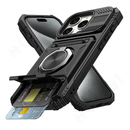 Magnetic Ring Kickstand iPhone Case - Heavy Duty Drop Protection Wallet Cover for iPhone 7-16 Series