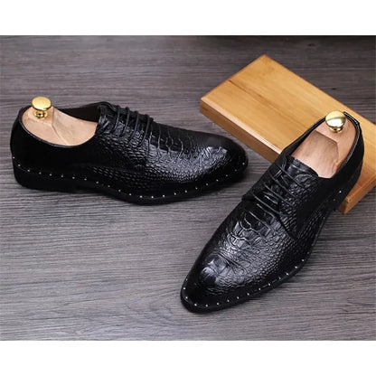 Men’s Alligator Grain Leather Oxford Shoes - Pointed Toe Lace-Up Business & Casual Dress Shoes for Office and Formal Wear