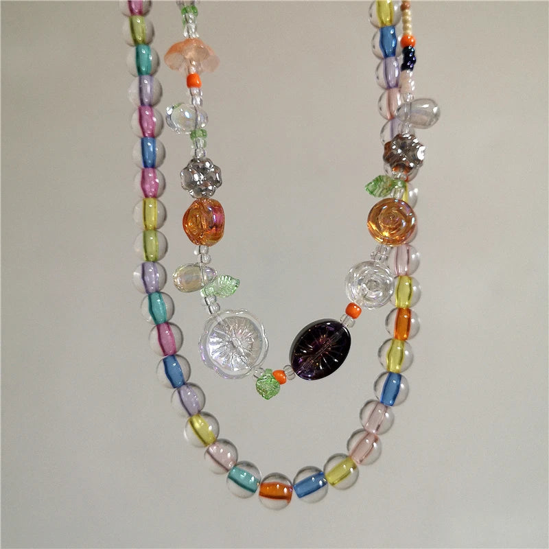 Y2K Strawberry Charm Choker Necklace - Ceramic Dog Pendant Acrylic Beaded Colorful Bow Aesthetic Jewelry for Women