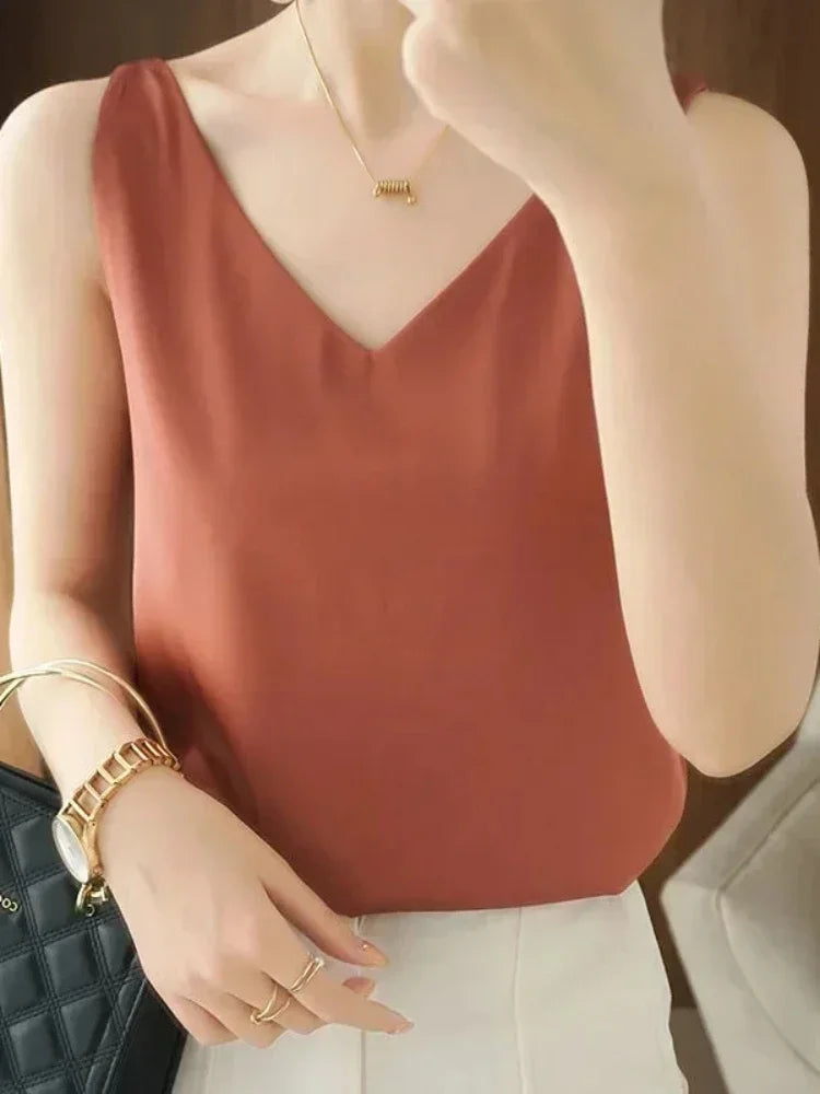 Women's V Neck Satin Silk Top - Sleeveless Acetic Acid Blouse for Elegant Summer Fashion
