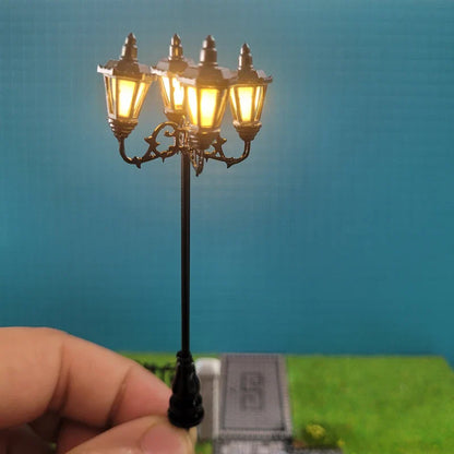 HO Scale Model Lamps – 4-Head 3V Cold White Street & Park Lampposts for Train Layouts & Miniature Gardens