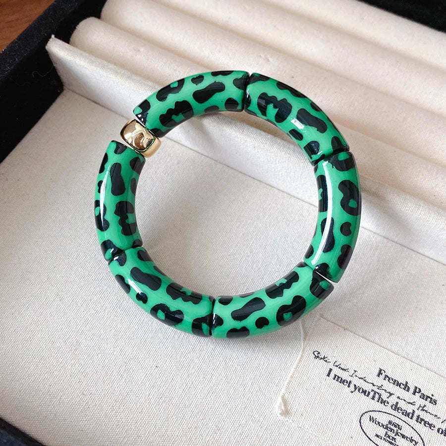 Leopard Print Bamboo Tube Acrylic Bracelets - Retro Stretch Beaded Bangles for Women & Men, Stackable Jewelry Gift